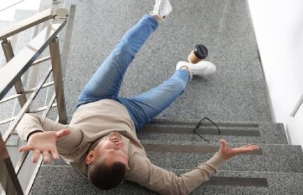 Injured man on stairs in building after fall, above view. Dangerous accident